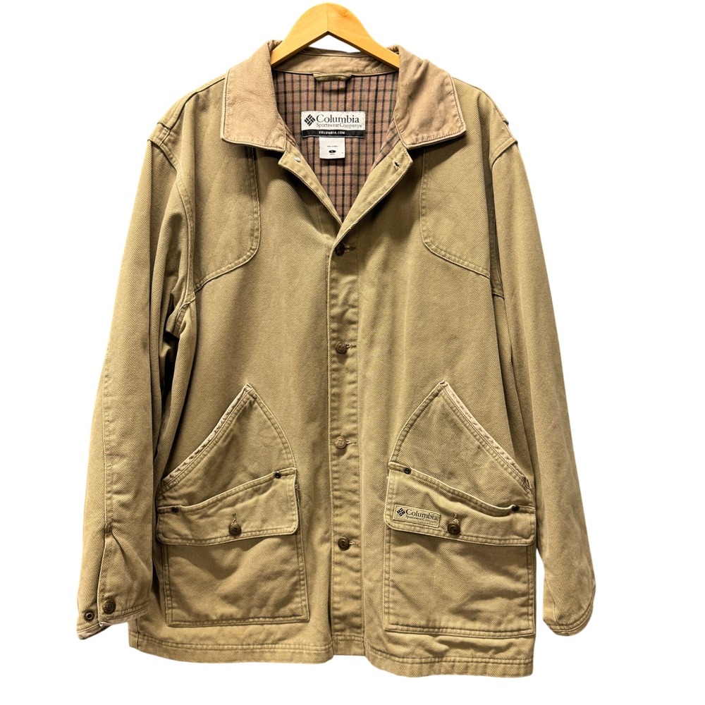 Columbia Chore Jacket Mens Large River Lodge Canvas Khaki Barn Coat Leather Trim